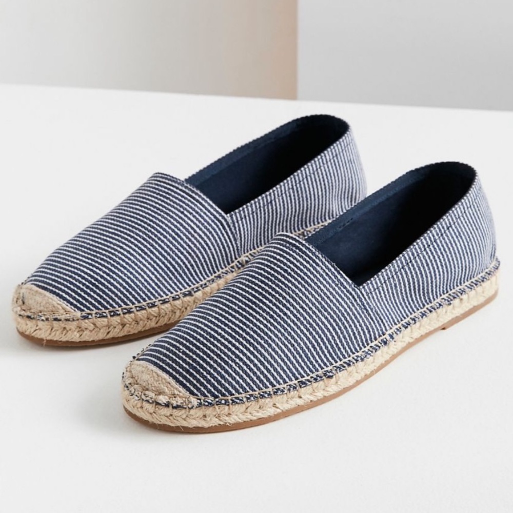 Urban Outfitters Striped Espadrille Flats Slip On Navy Blue White 8